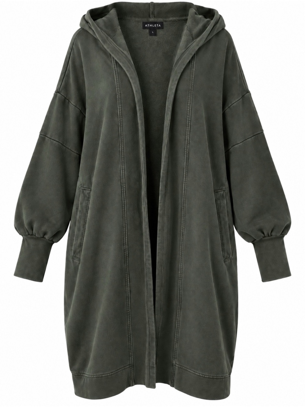Athleta Hooded Long Open-Front Jacket in Olive Sz LG